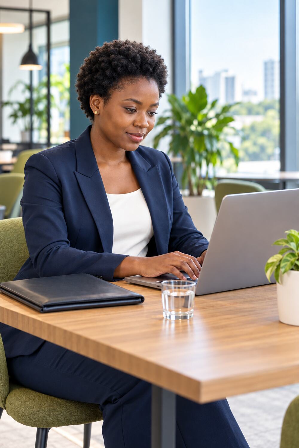 Une professionnelle travaille sur son ordinateur portable dans un bureau lumineux
